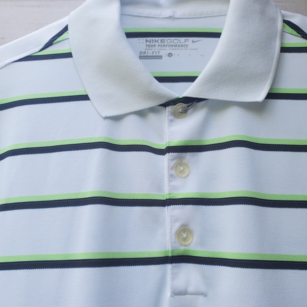 Nike Golf Tour Performance Dri-FIT Polo Shirt Mens Small White Green Striped
